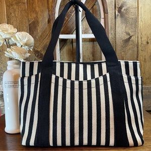 SALE! Black & Cream Striped Canvas Shoulder Bag Tote New NWT